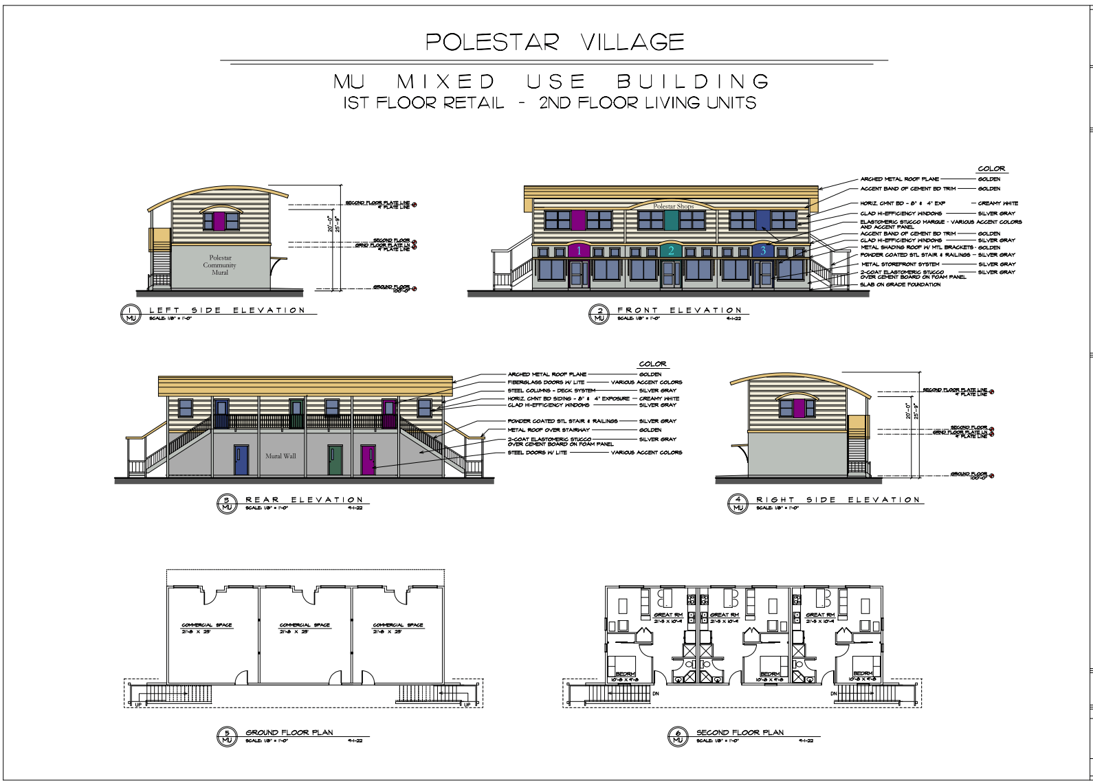 Commercial Space and Apartments elevations and floor plans